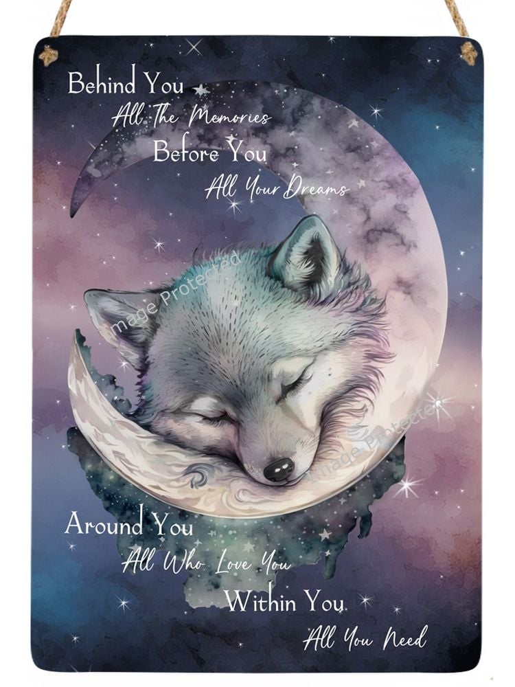 Hanging Metal Sign - Sleeping Baby Wolf - Motivational Quote