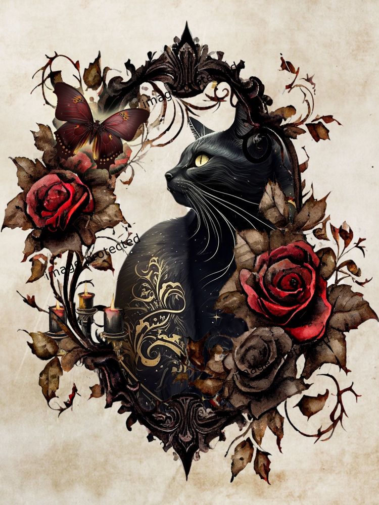 Vintage Black Cat Art - Rose