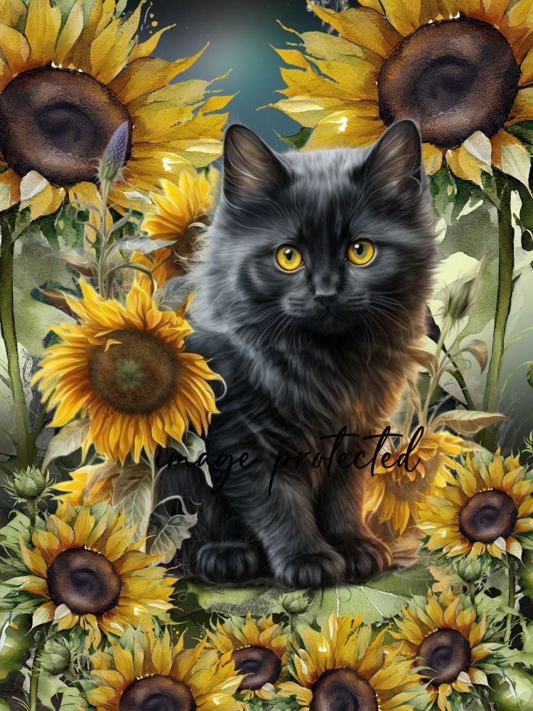 Sunflower - Black Longhair Kitten Art Print with Sunflowers