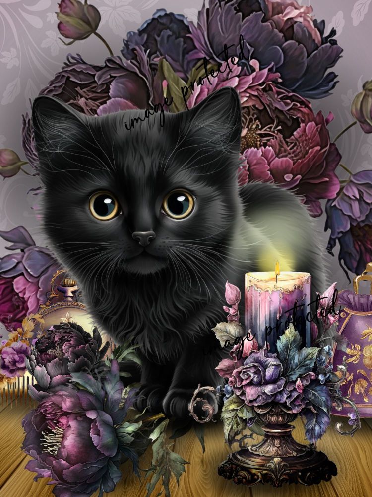 Black Kitten & Peonies