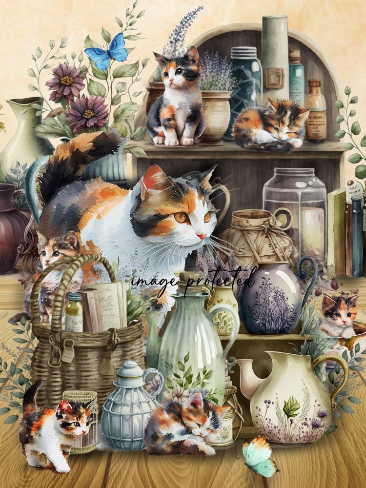 Calico Cat & Kittens Art Print