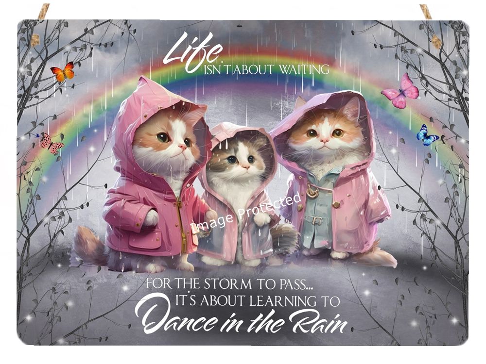Kittens In Rain Macs Sign - Motivational Quote Dance In The Rain