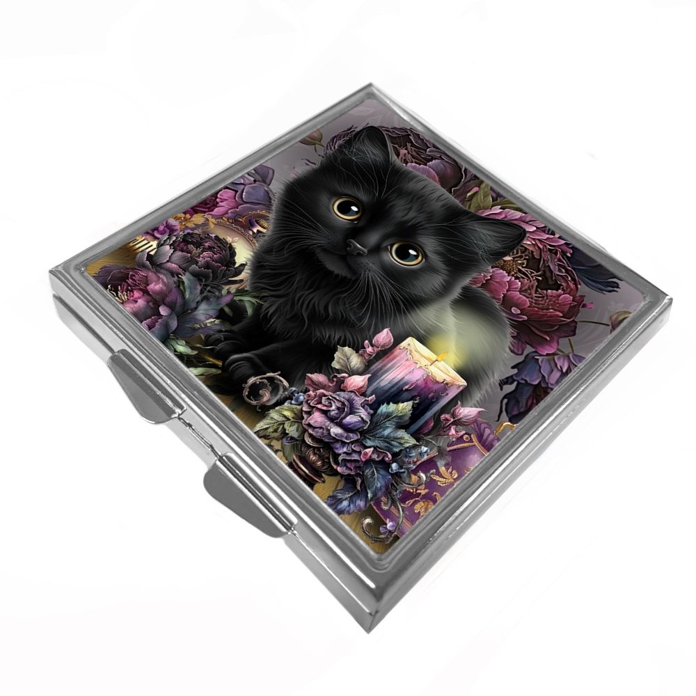 Square Trinket/Pill Box - Black Cat Peonie
