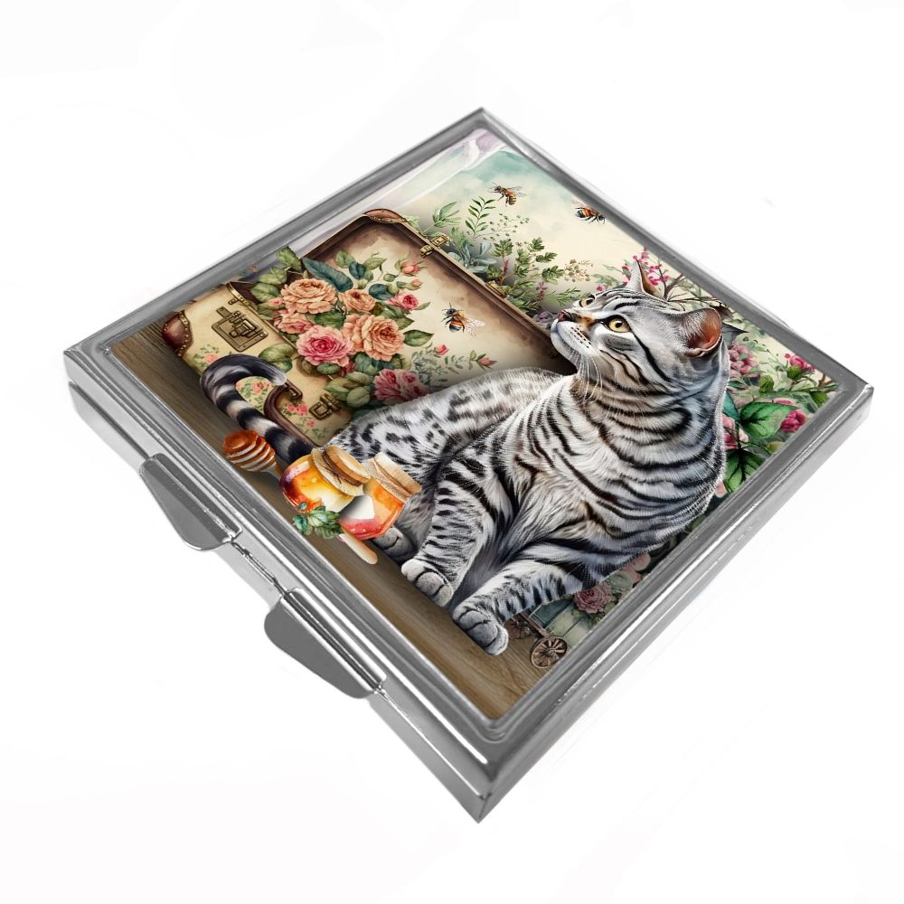 Square Trinket/Pill Box - Silver Tabby Cat - Sacha