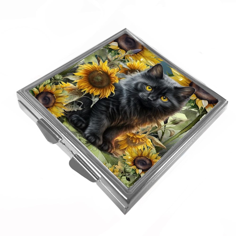 Square Trinket/Pill Box - Black Kitten & Sunflowers - Sunny