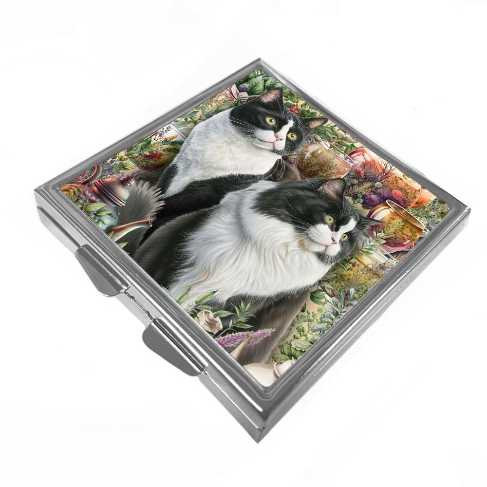 Square Trinket/Pill Box - Black & White Cats - Tuxedo Tea