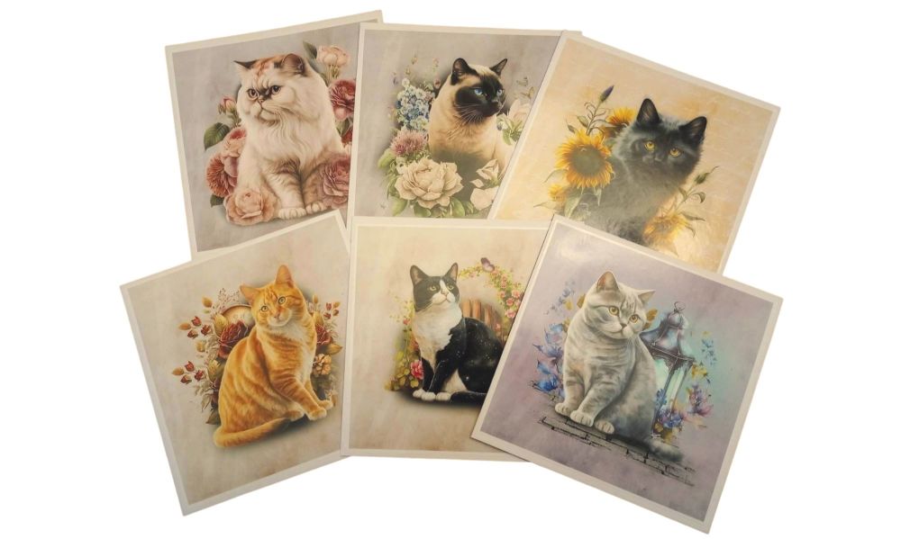 Set of 6 Handmade Cards & Envelopes - Cats & Flowers