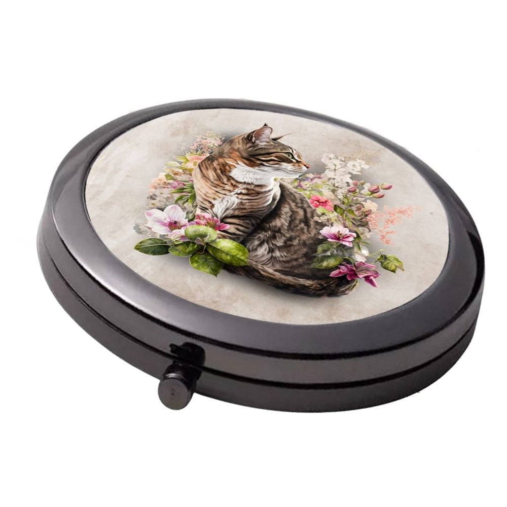 Smoke Black - Double Mirror Compact - Tabby & White Cat With Flowers