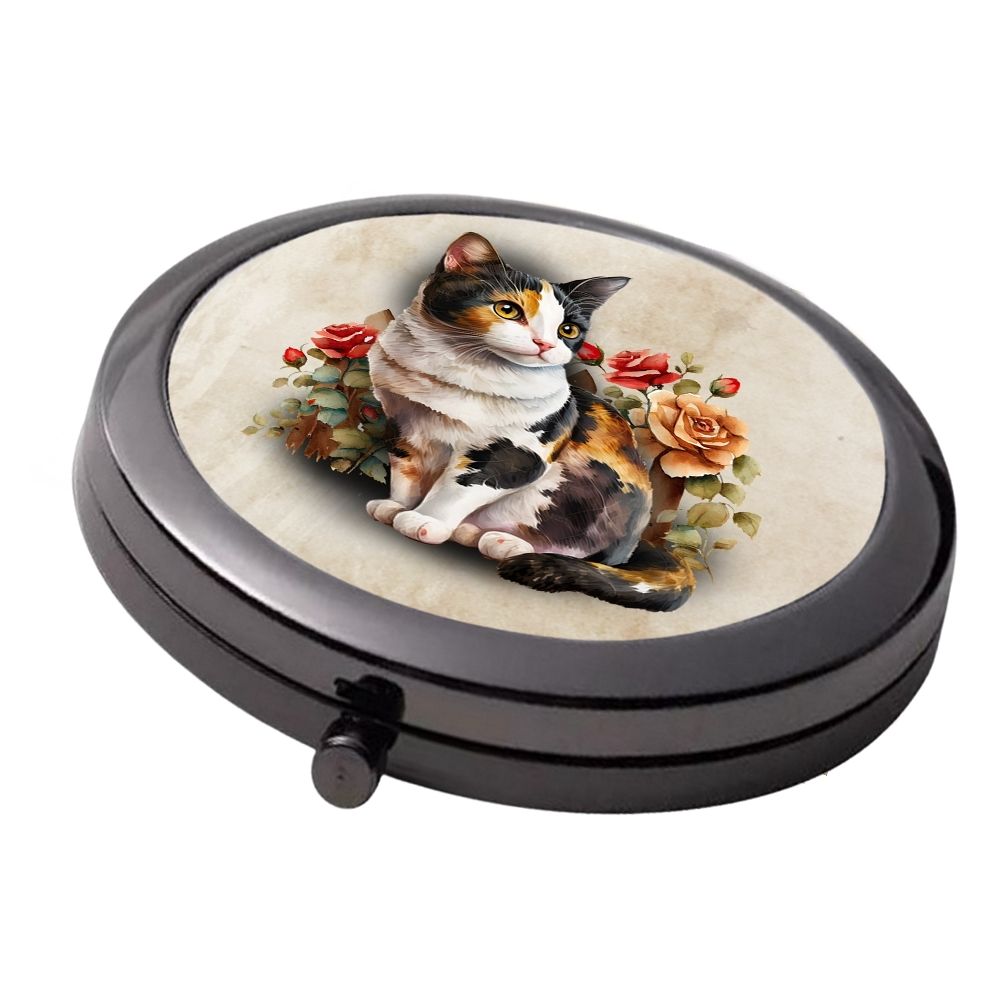 Smoke Black - Double Mirror Compact - Calico Cat & Roses