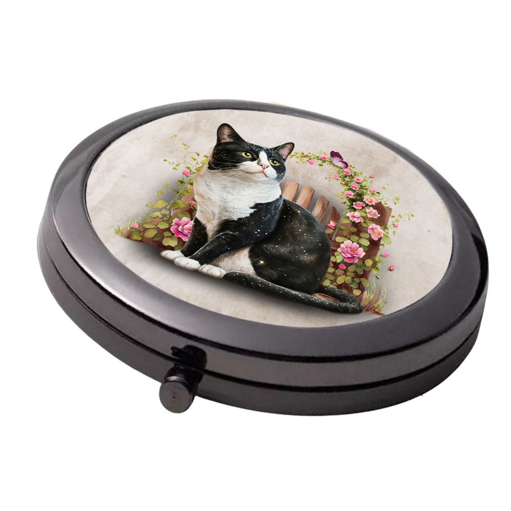 Smoke Black - Double Mirror Compact - Tuxedo Cat & Flower Fence