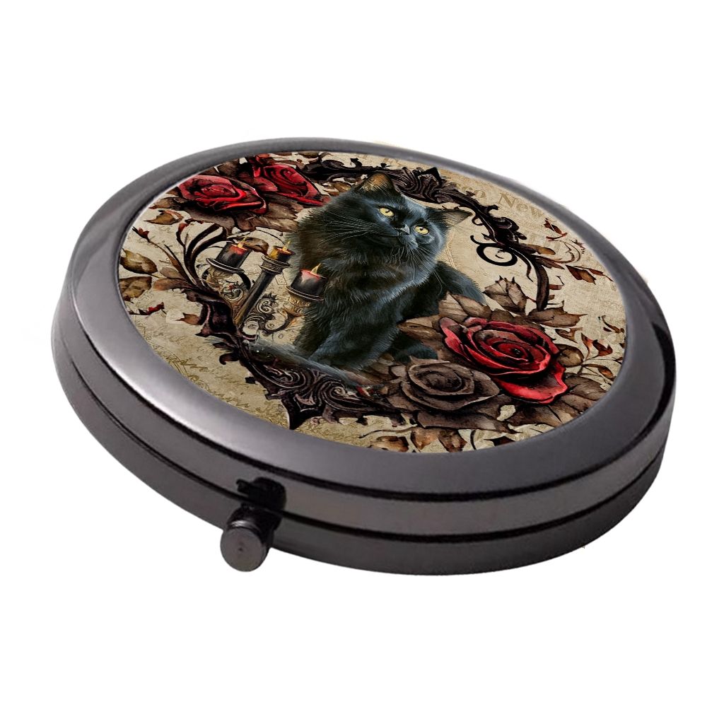 Smoke Black - Double Mirror Compact - Black Cat In Red Rose Frame with Candles
