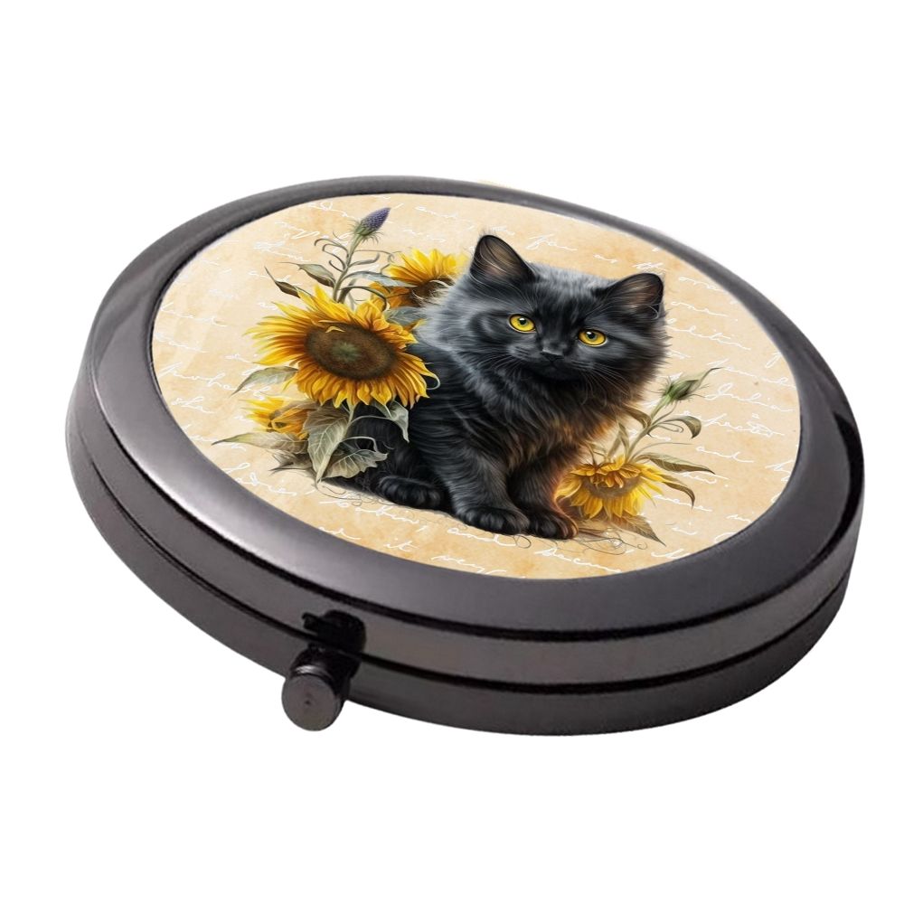 Smoke Black - Double Mirror Compact - Black Kitten & Sunflowers