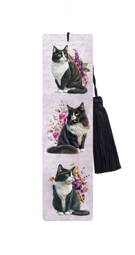 Large Metal Bookmark With Tassel - Black & White Cats