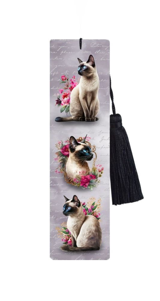 Large Metal Bookmark With Tassel - Siamese Cats