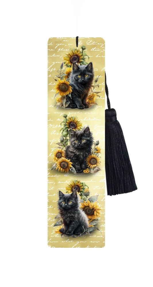 Large Metal Bookmark With Tassel - Black Fluffy Sunflower Kitten