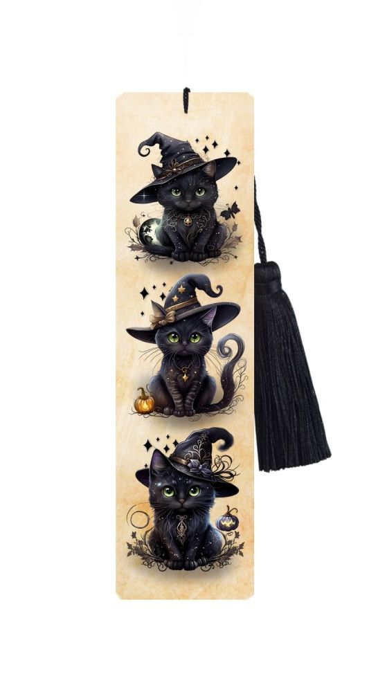 Large Metal Bookmark With Tassel - Witchy Cats