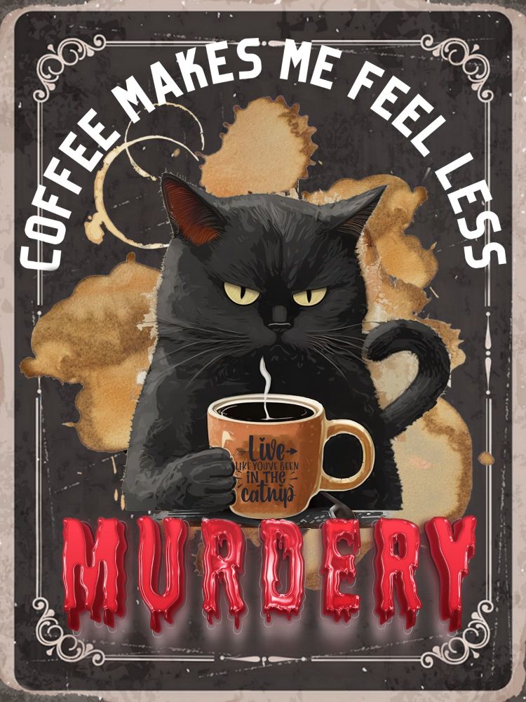 Black Cat Sign - Less Murdery Wit Coffee - Funny Quote