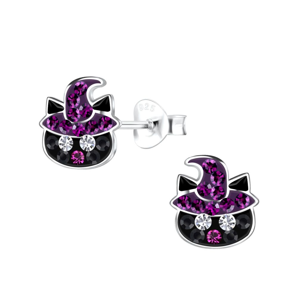 Little Witches Cat Face Stud Earrings - 925 Sterling Silver - 18727