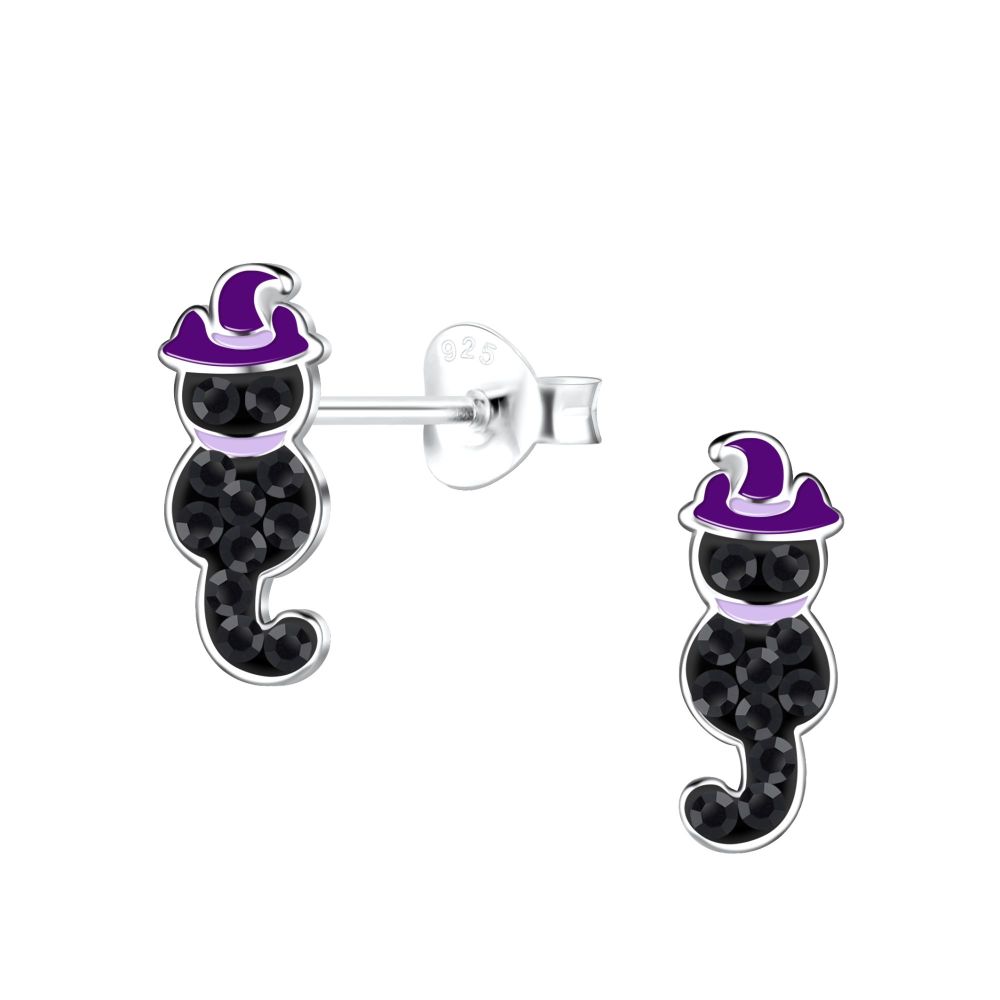 Little Witches Cat Stud Earrings - 925 Sterling Silver - 19216
