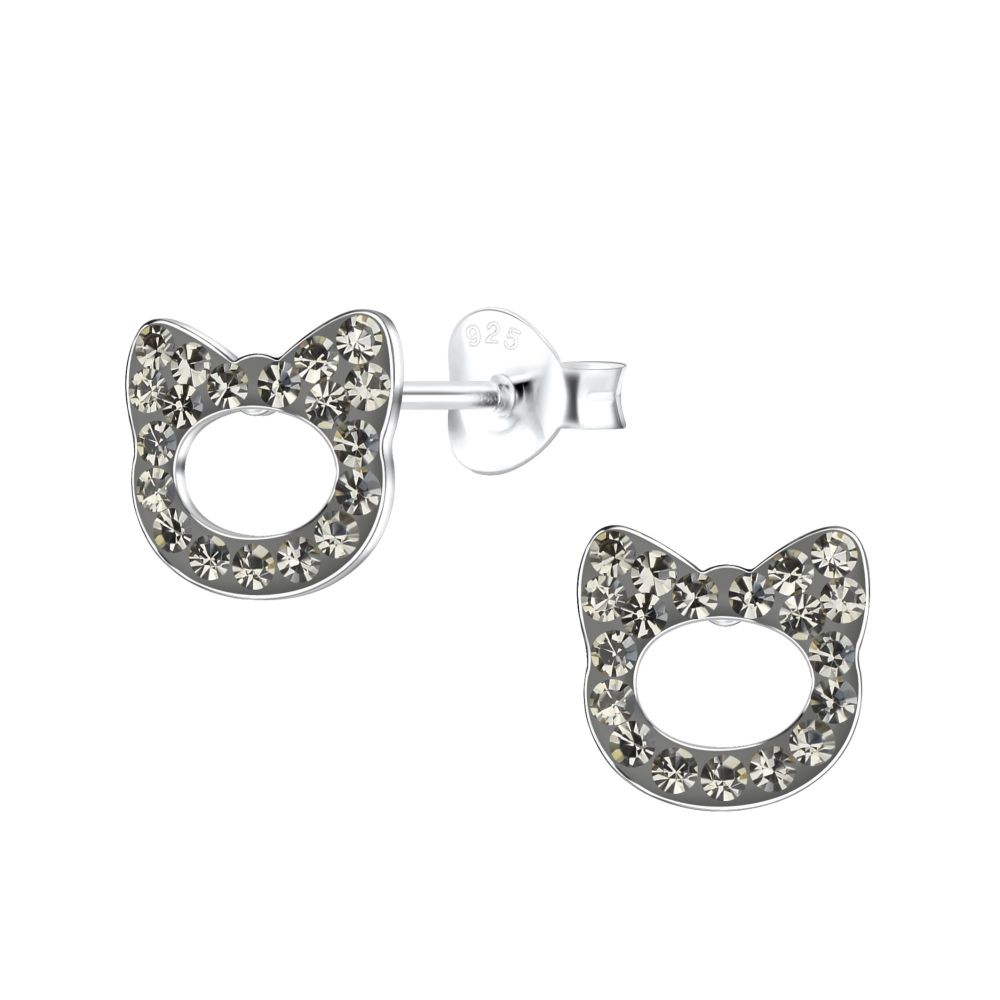 Little Cat Head Shaped Stud Earrings - 925 Sterling Silver - 17648 - Black Diamond