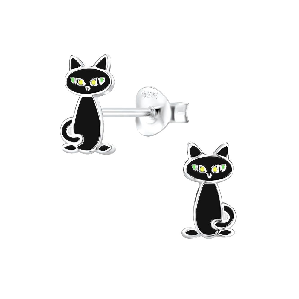 Little Black Cat Stud Earrings - 925 Sterling Silver - 8256