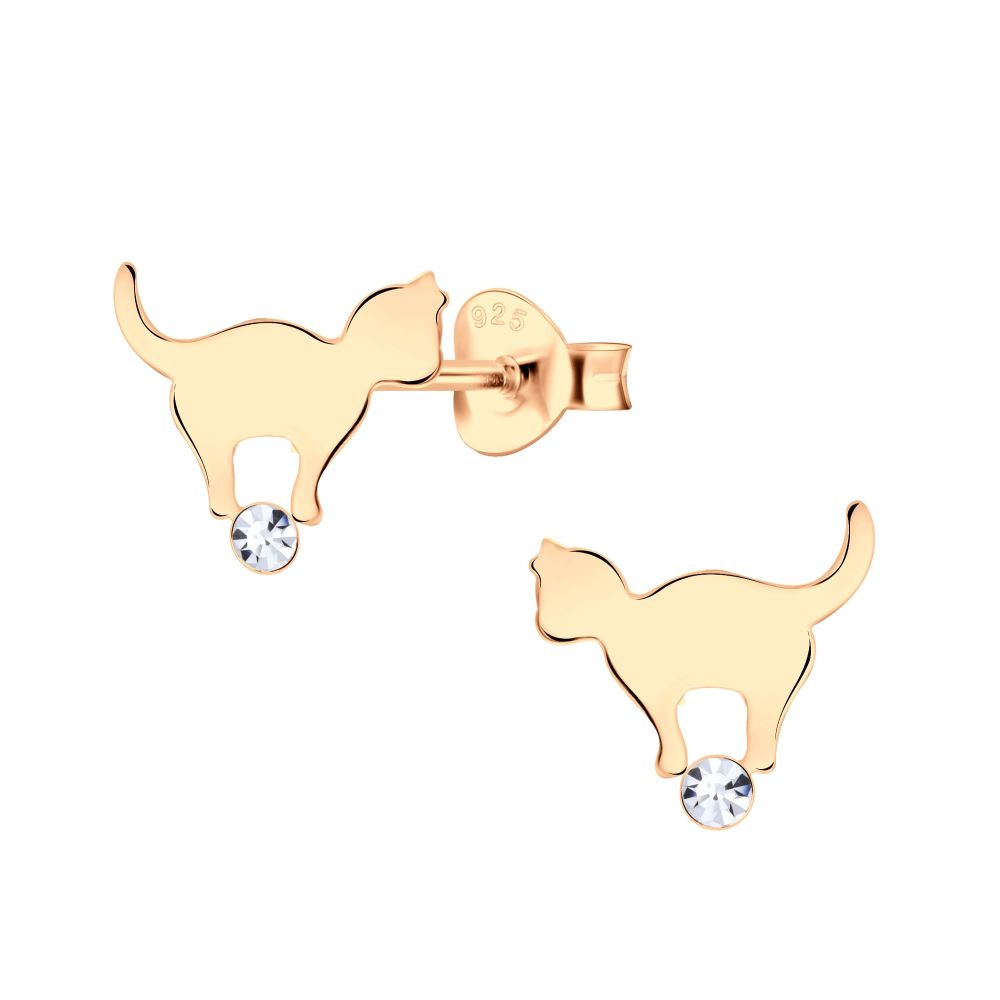 Gold Plated Cat Shaped Stud Earrings - 925 Sterling Silver - 4153