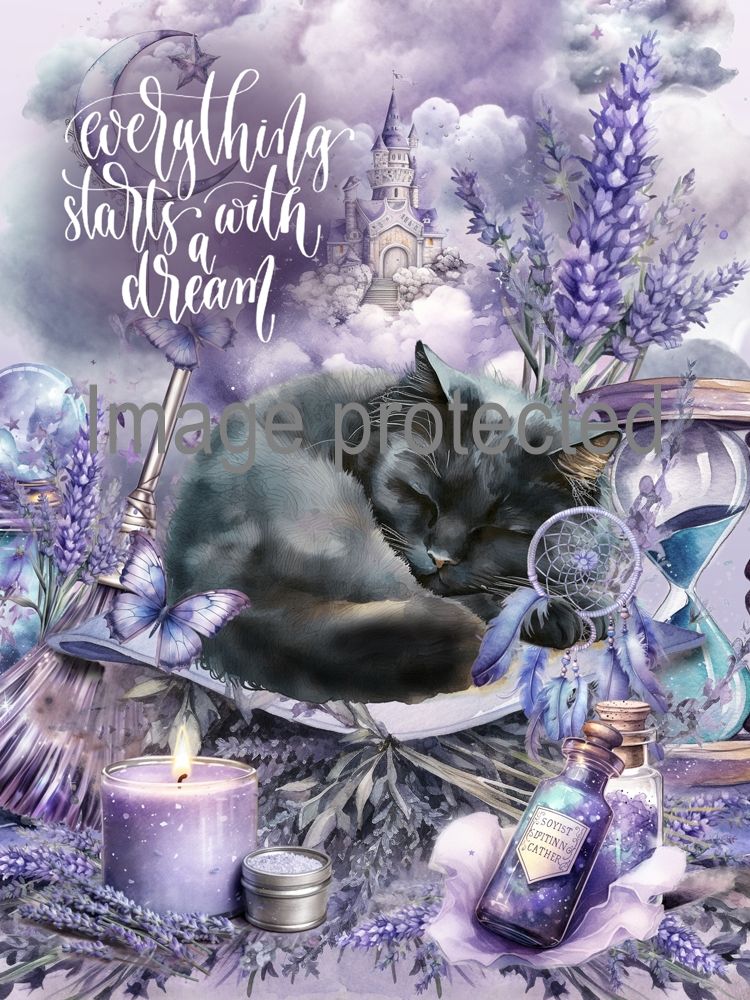A4 Cat Art Quote Print - Lavender Dream - Everything starts with a dream