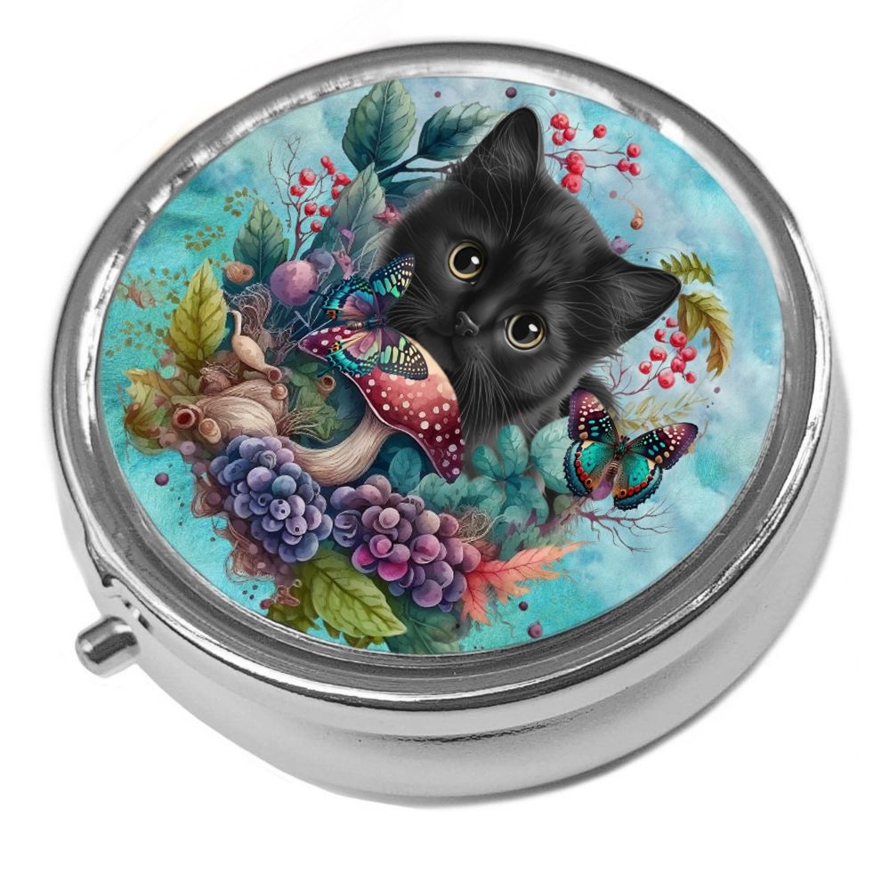 Black Kitten in Secret Garden - Metal Pill Box - Cat Trinket Box