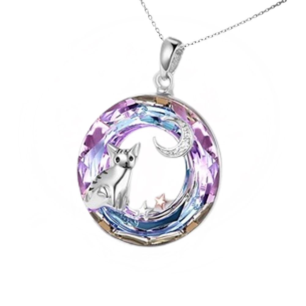 Cat Moon & Stars Blue/Pink Crystal Ring Necklace