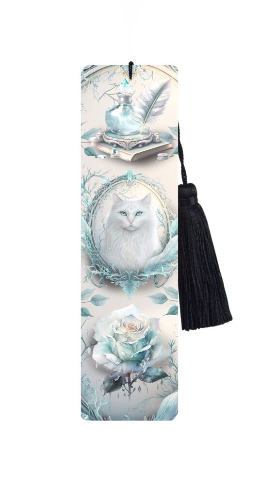 Large Metal Bookmark With Tassel - White Cat Magic Arora