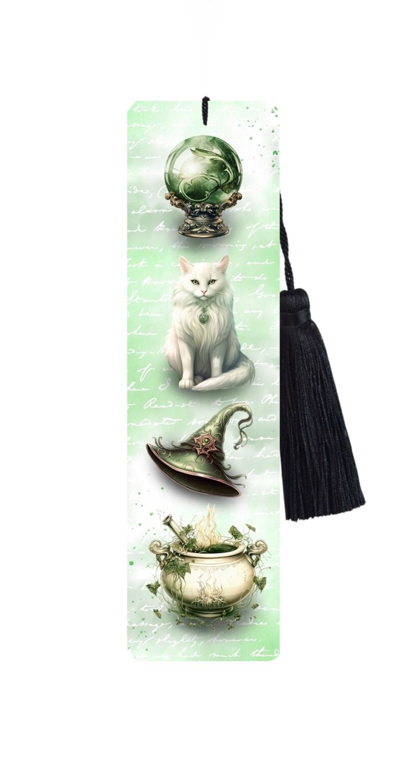 Large Metal Bookmark With Tassel - Green Witches Cat