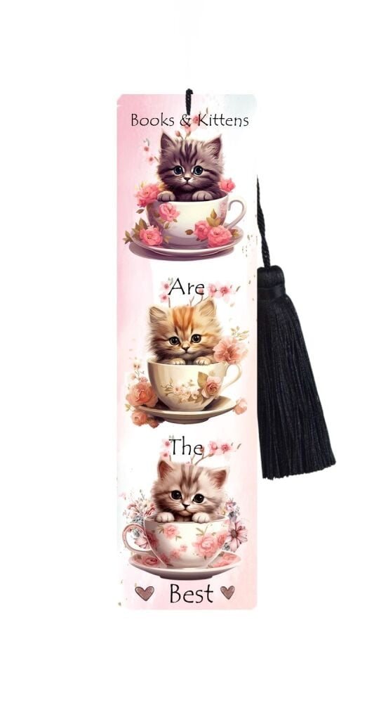Large Metal Bookmark With Tassel - Kittens In Tea Cups