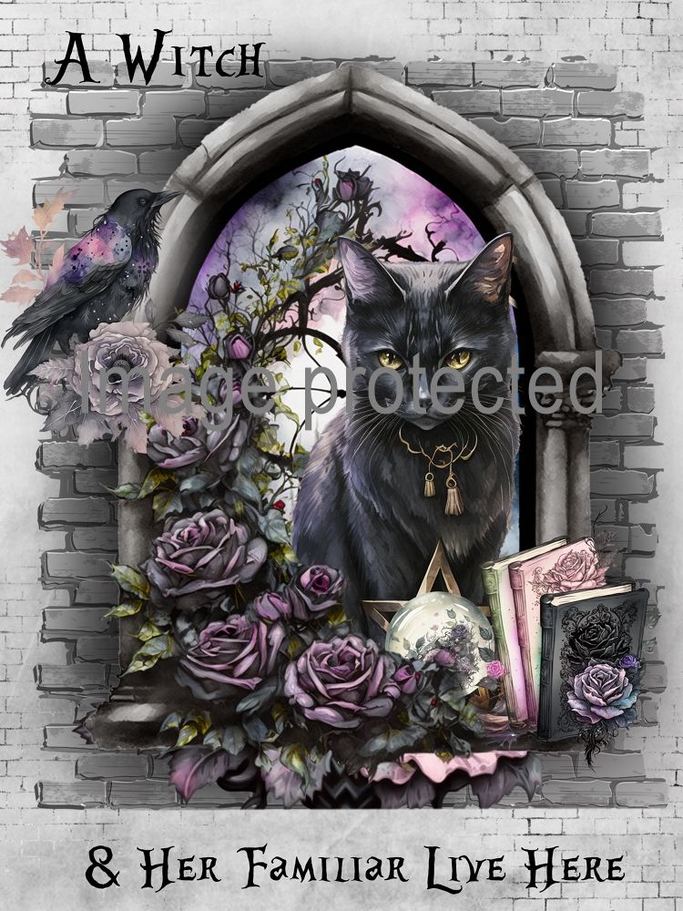 A4 Cat Art Quote Print - A Witch & Her Familiar Live Here