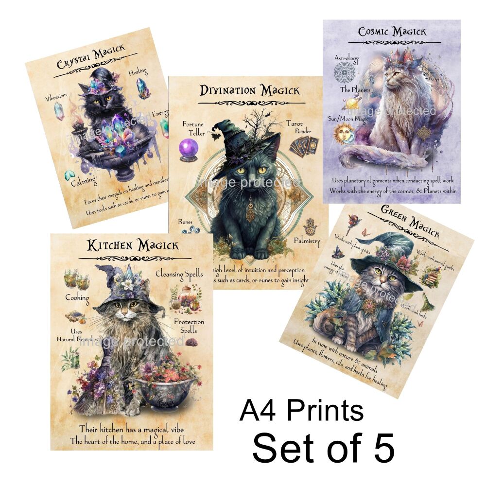 Set Of 5 - A4 Cat Art Quote Print -  Kitchen Magick, Divination, Green, Cry