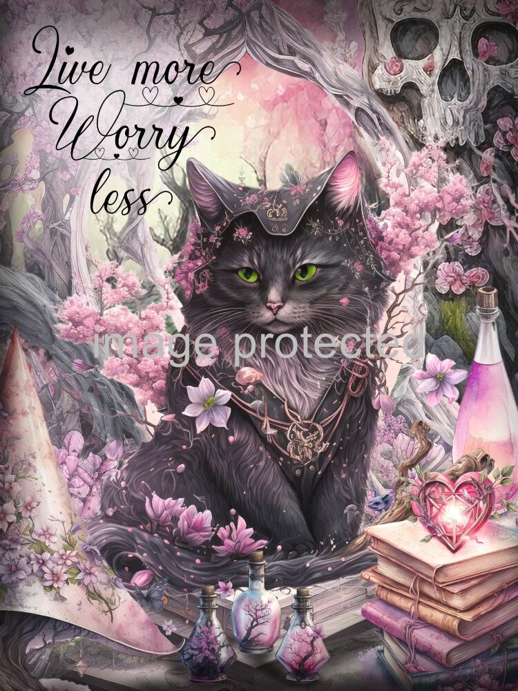 A4 Cat Art Quote Print - Live more worry less