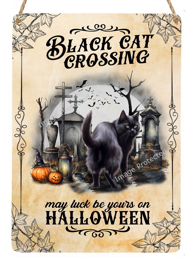 Metal Hanging Cat Sign - Black Cat Crossing