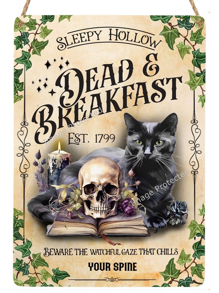 Metal Hanging Cat Sign -  Dead & Breakfast