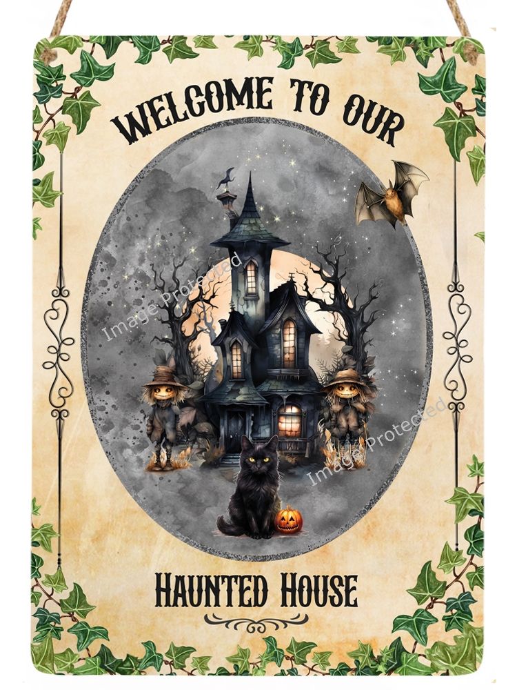 Metal Hanging Cat Sign -  Our Haunted House