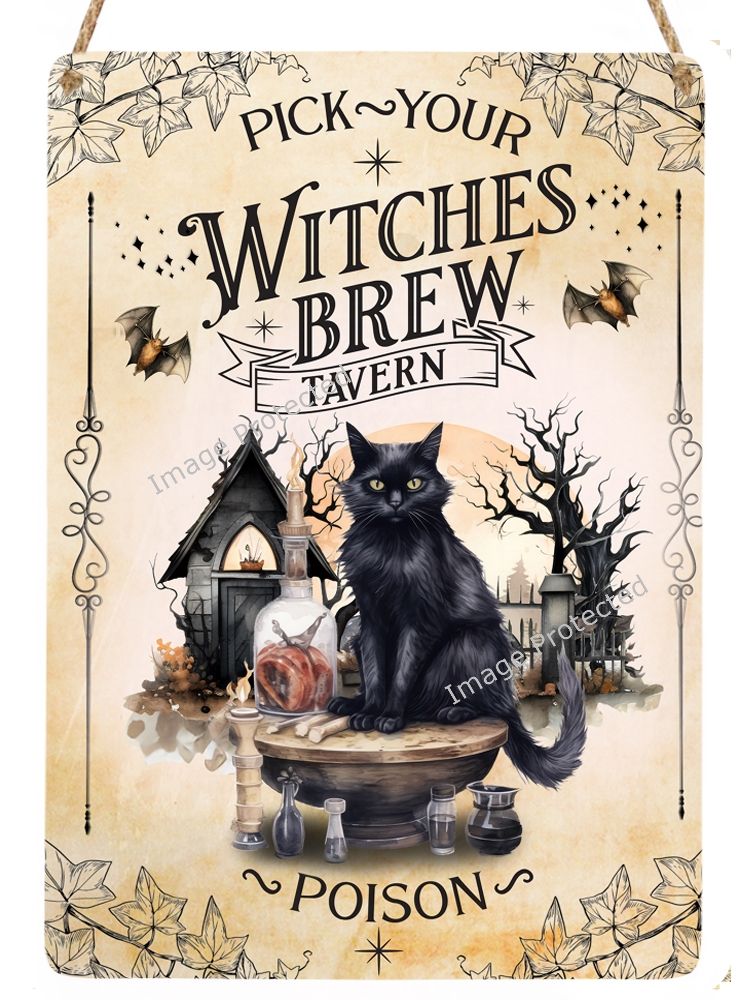 Metal Hanging Cat Sign -  Witches Brew