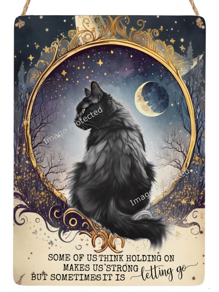 Metal Hanging Cat Sign -  Black Cat & Moon Letting Go