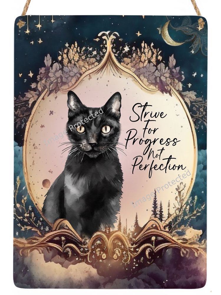 Metal Hanging Cat Sign -  Black Cat & Moon - Strive for Progress not Perfec