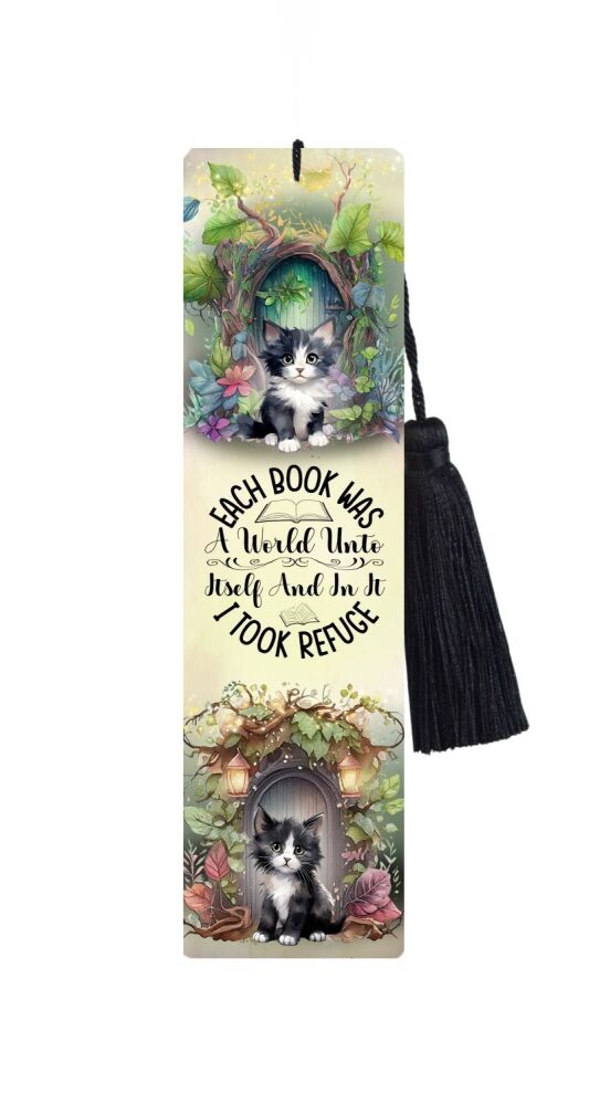 Large Metal Bookmark With Tassel - Black & White Kitten & Fairy Doors...Motivational Reading Quote