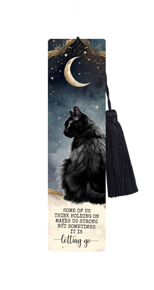 Large Metal Bookmark With Tassel - Black Cat - Motivational Quote Strength