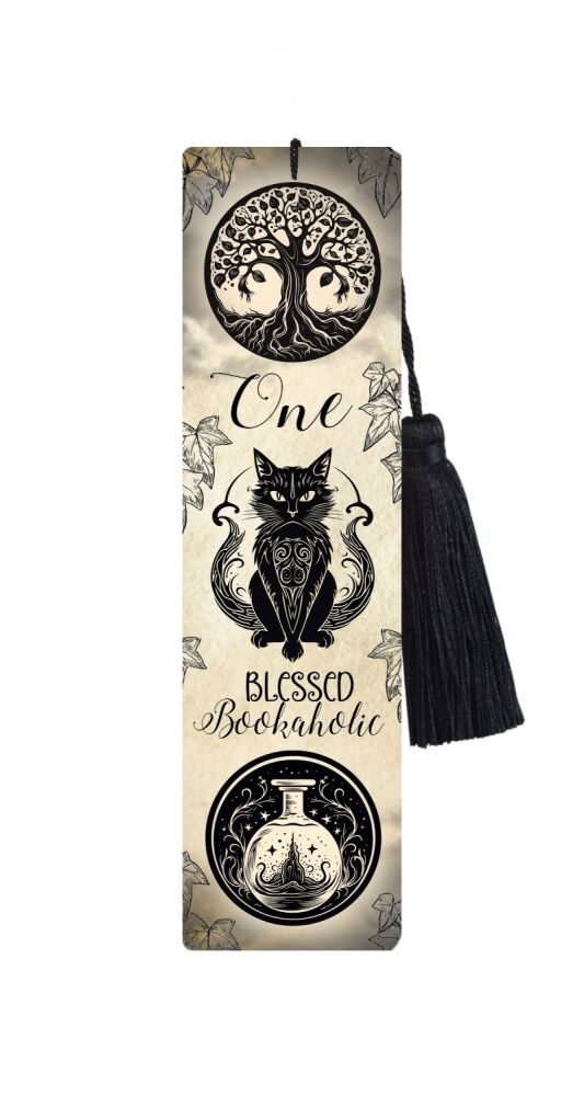 Large Metal Bookmark With Tassel - Black Cat - One Blessed Reader