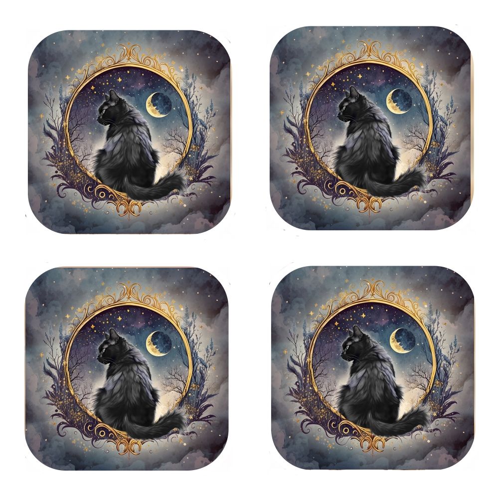 Set Of 4 - Black Cat & Moon Cork Backed Coasters