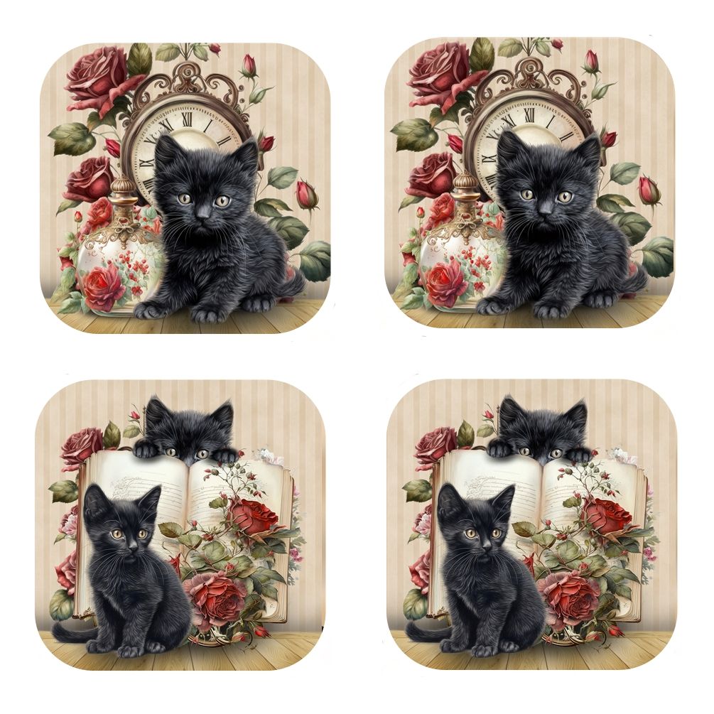 Set Of 4 - Black Kittens & Red Roses, Victorian Style - Cork Backed Coasters