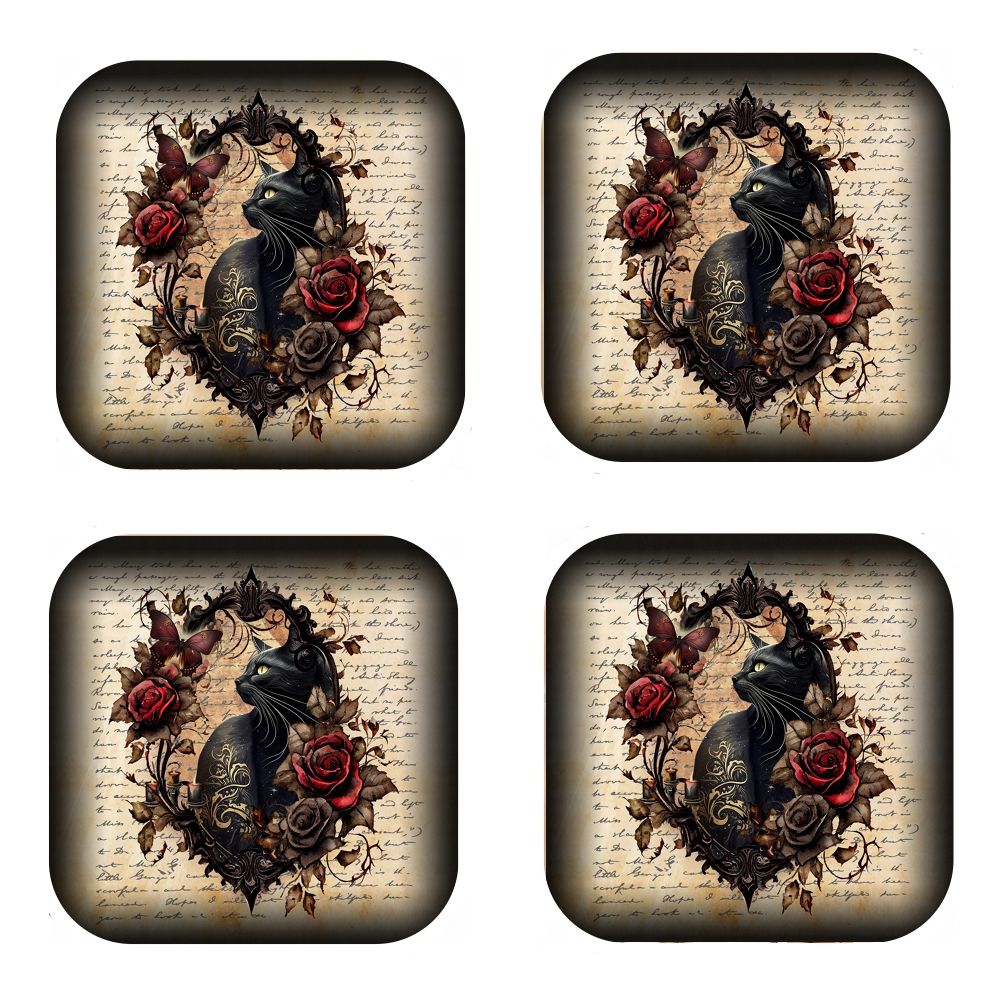 Set Of 4 - Black Cat in Rose Frame - Cork Backed Coasters
