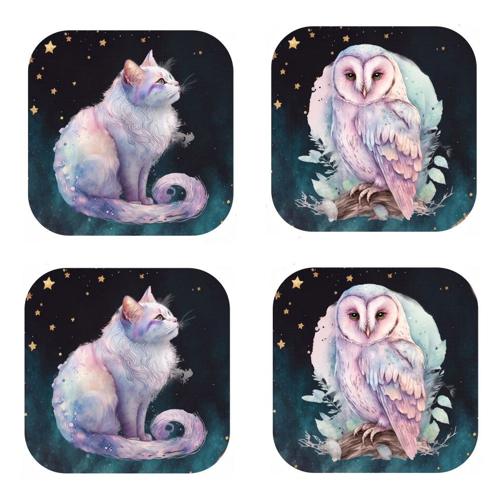 Set Of 4 - White Cat & Owl - Dreamscape - Coasters