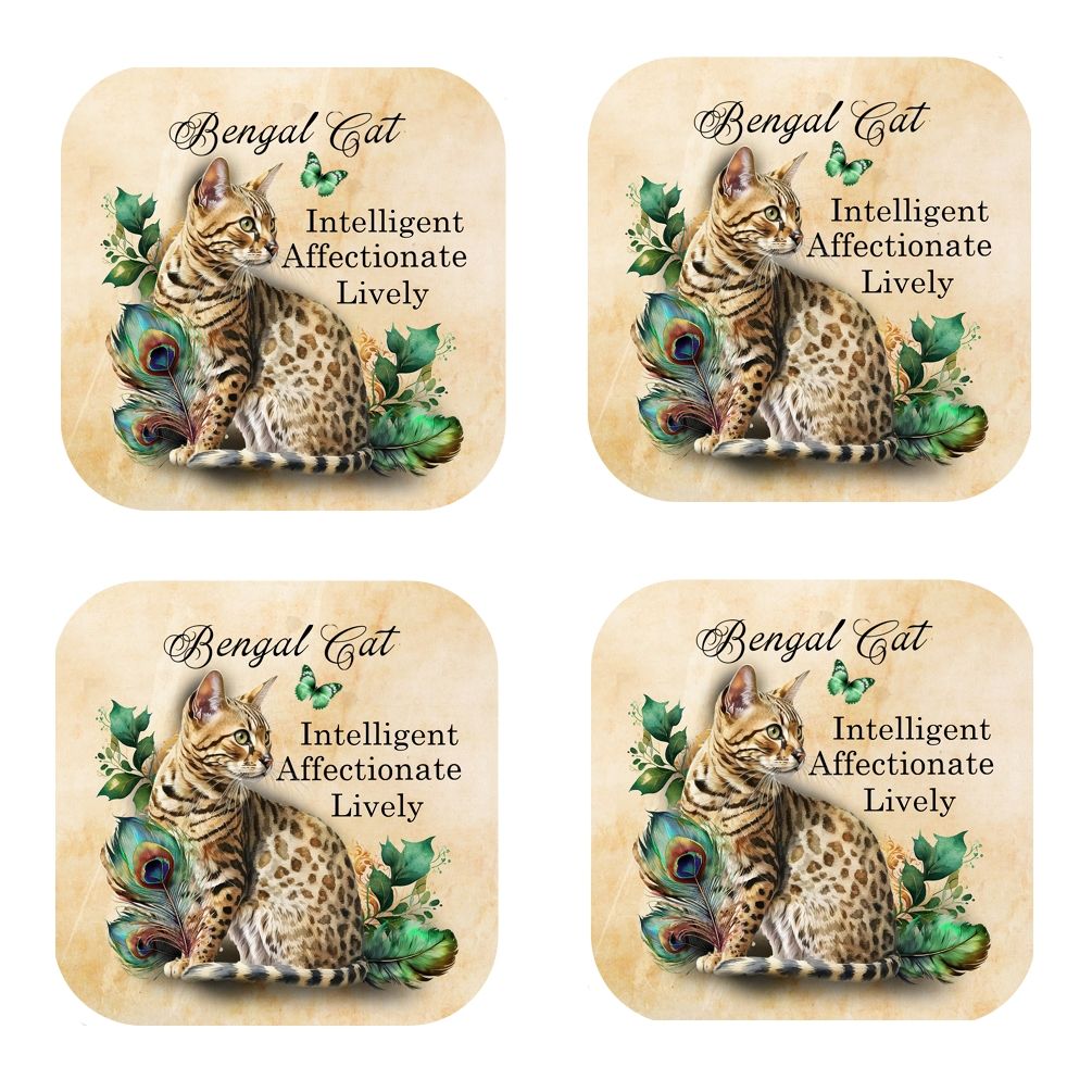 Set Of 4 - Bengal Cat - Cork Backed Coasters