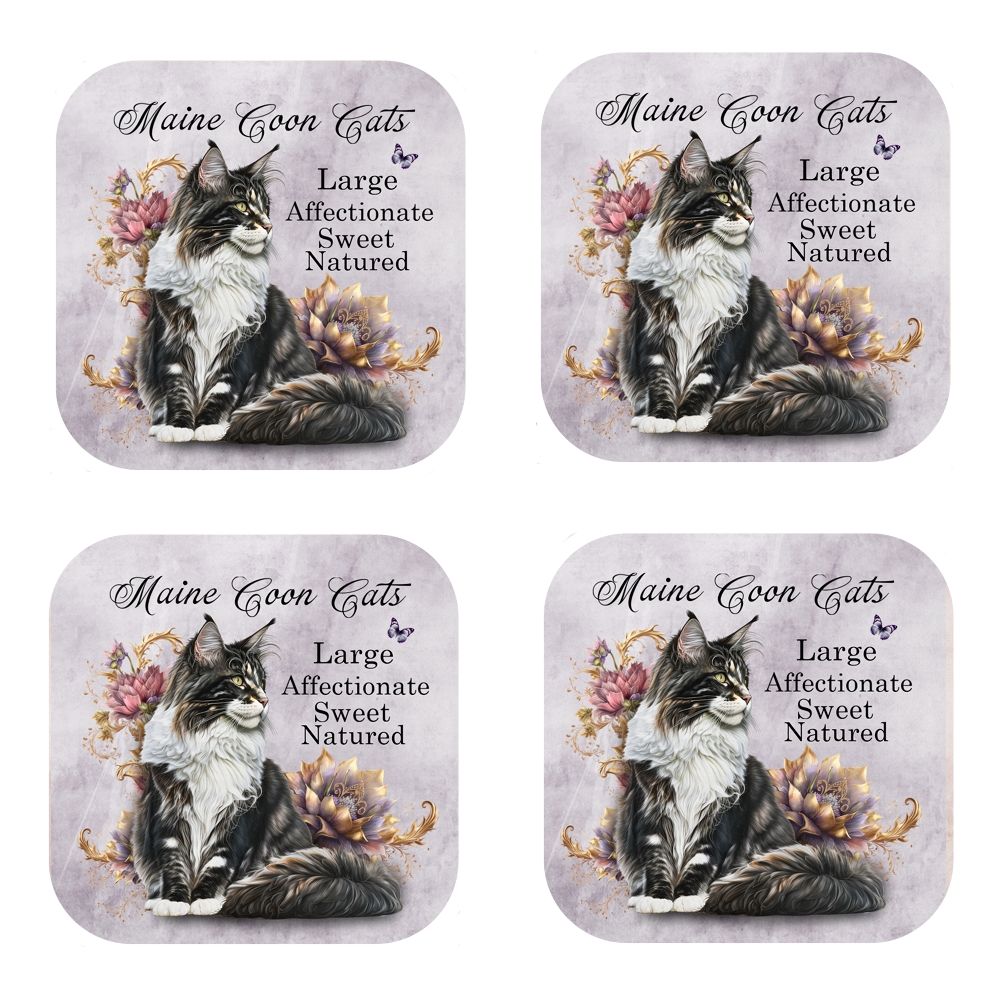 Set Of 4 - Maine Coon Cat - Cork Backed Coasters